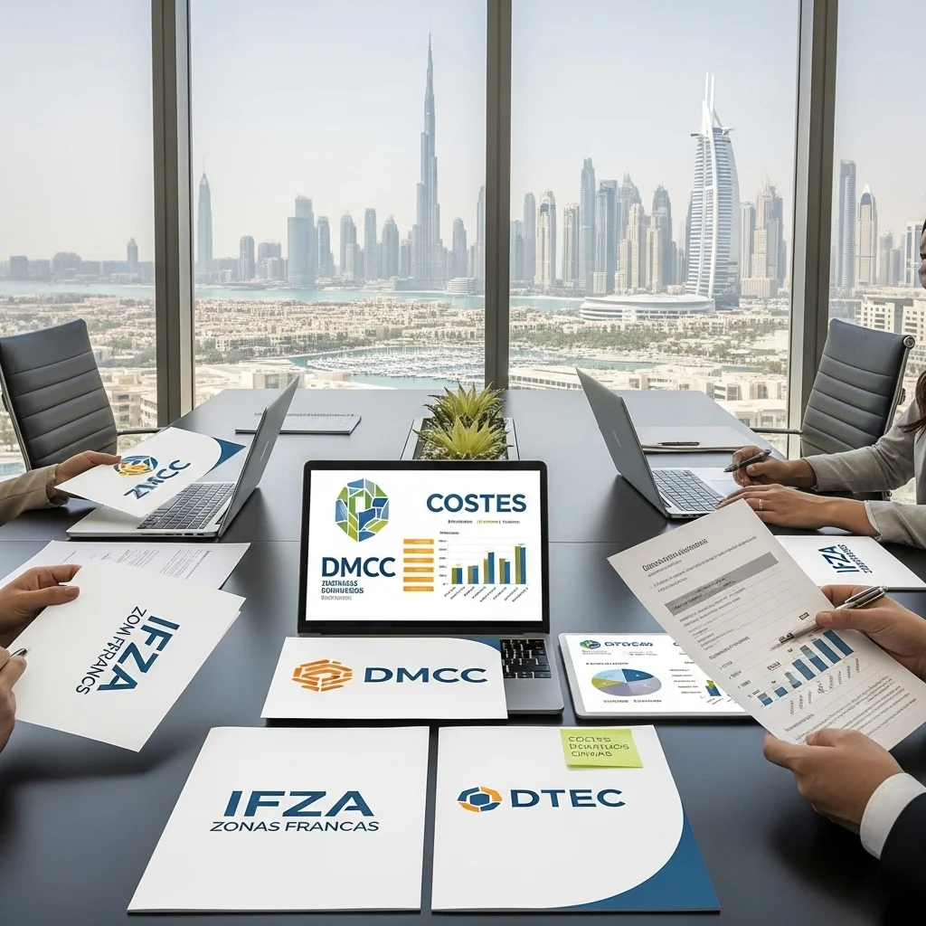 Un equipo de asesores en una reunión de negocios en Dubai, analizando los costes y beneficios de Zonas Francas como DMCC, IFZA y DTEC, con el skyline de la ciudad al fondo.