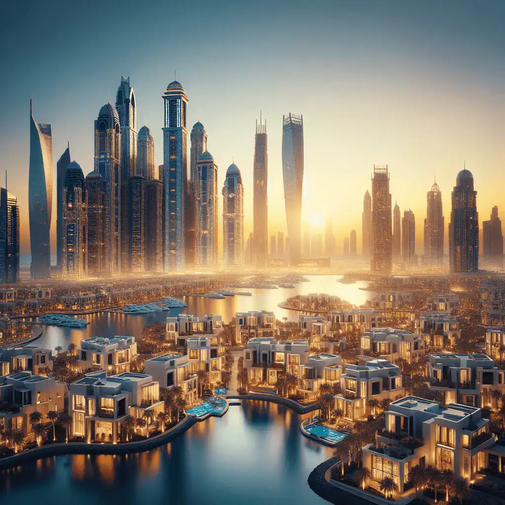 Panorámica de Dubai al atardecer, rascacielos modernos y villas de lujo con tonos dorados y azules.