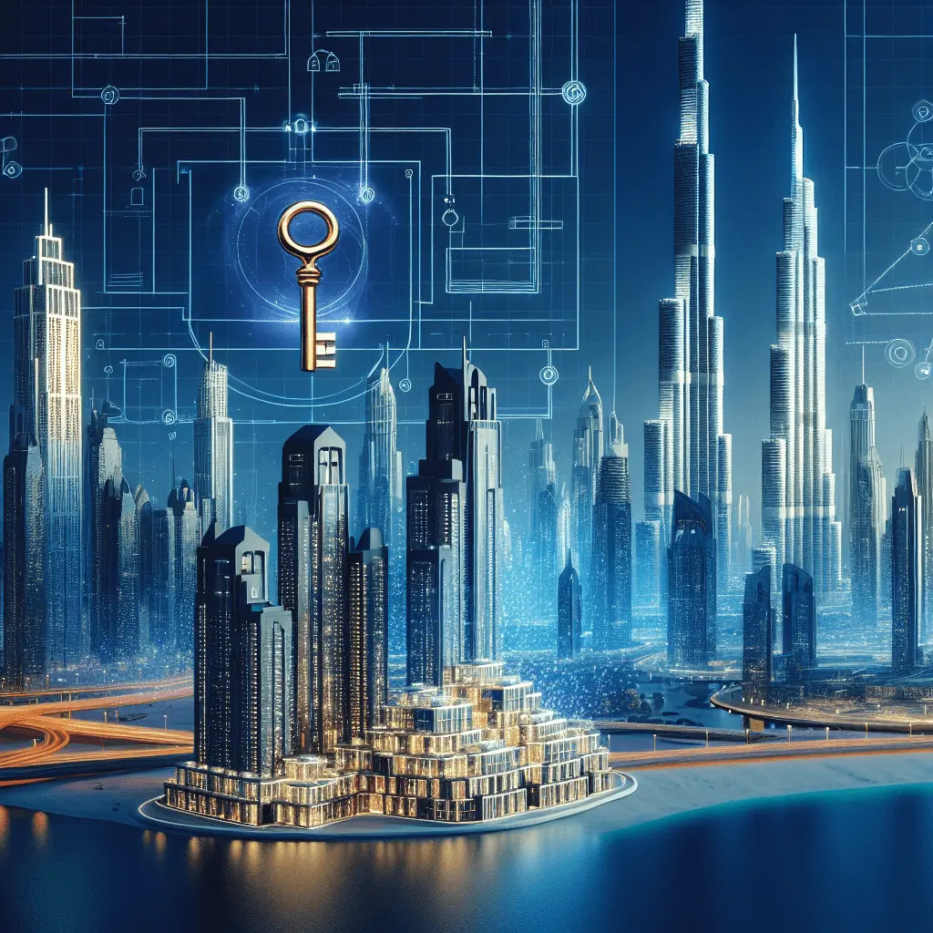 Fotografía panorámica del skyline de Dubái con Burj Khalifa, en tonos azules y dorados, con un plano arquitectónico o llave dorada superpuesta que simboliza inversión inmobiliaria.