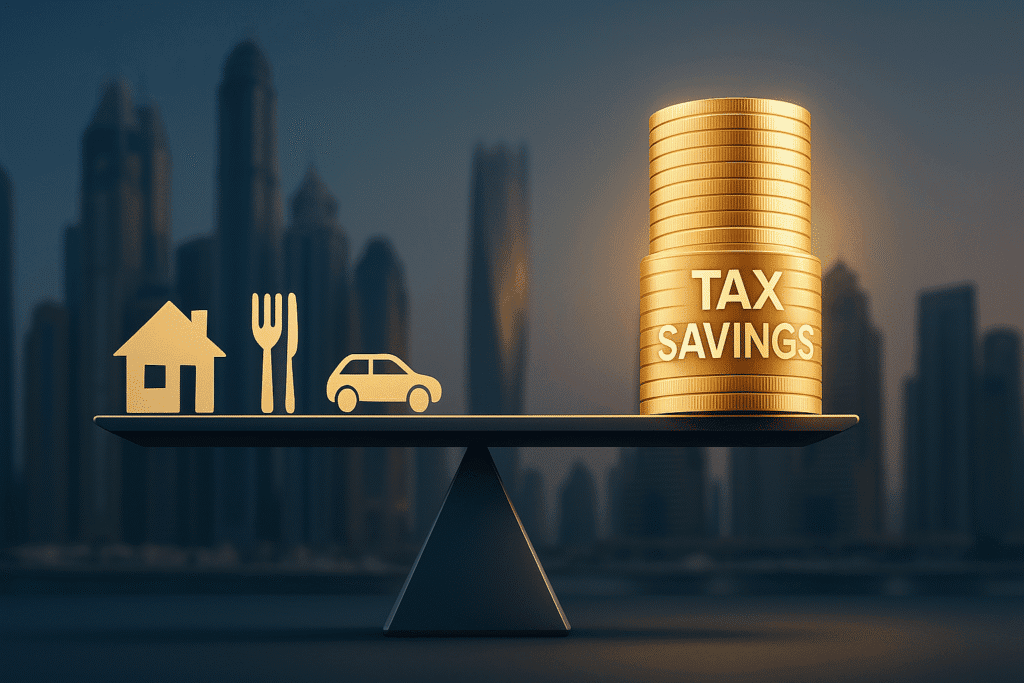 Gráfico conceptual que muestra una balanza comparando el coste de vida en Dubai con el mayor poder adquisitivo que se consigue gracias al ahorro de impuestos para expatriados.
