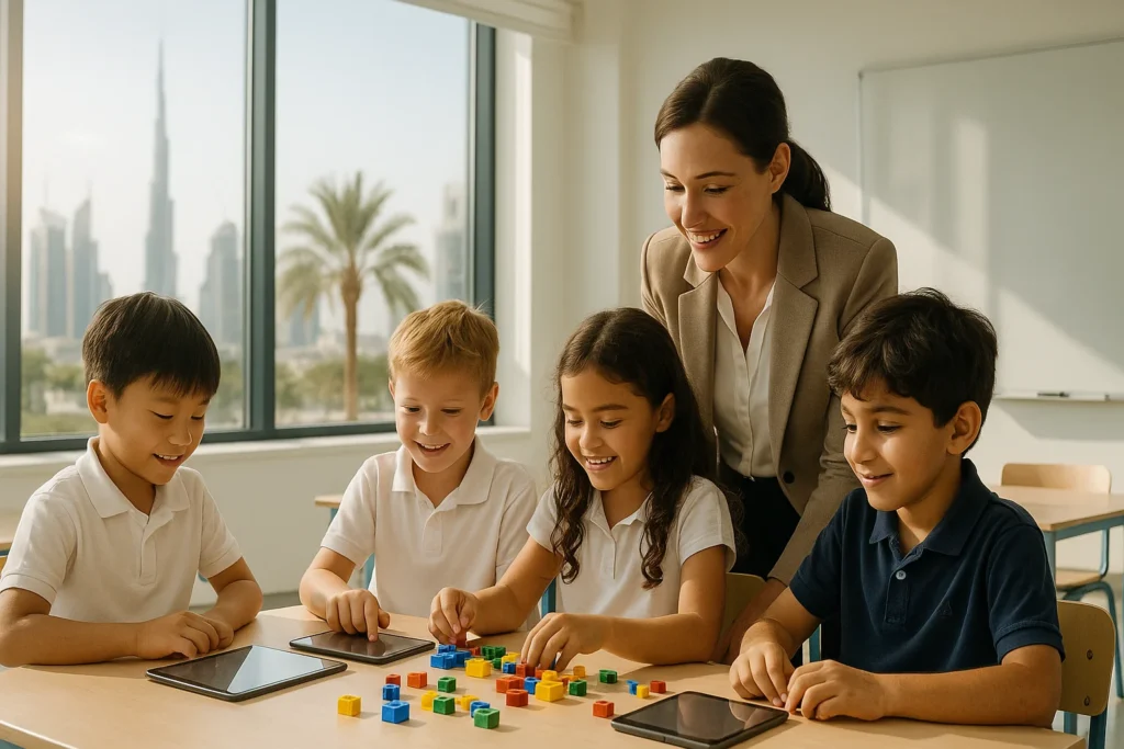 Un grupo diverso de estudiantes en un moderno colegio internacional de Dubai, participando en una clase interactiva que representa la alta calidad del sistema educativo para familias expatriadas.