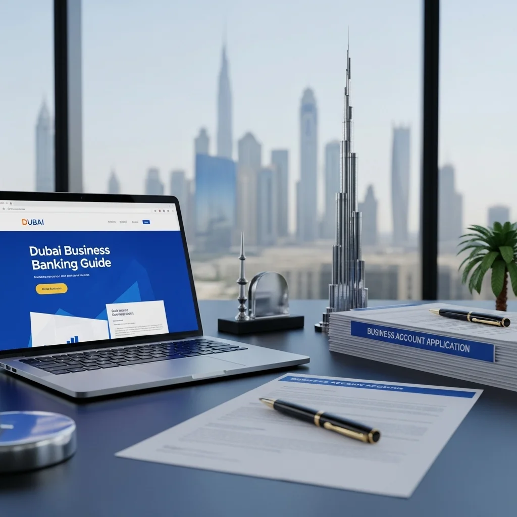 Un escritorio profesional en una oficina de Dubai con vistas al skyline, mostrando los documentos de solicitud para abrir una cuenta bancaria de empresa y una guía en un portátil.