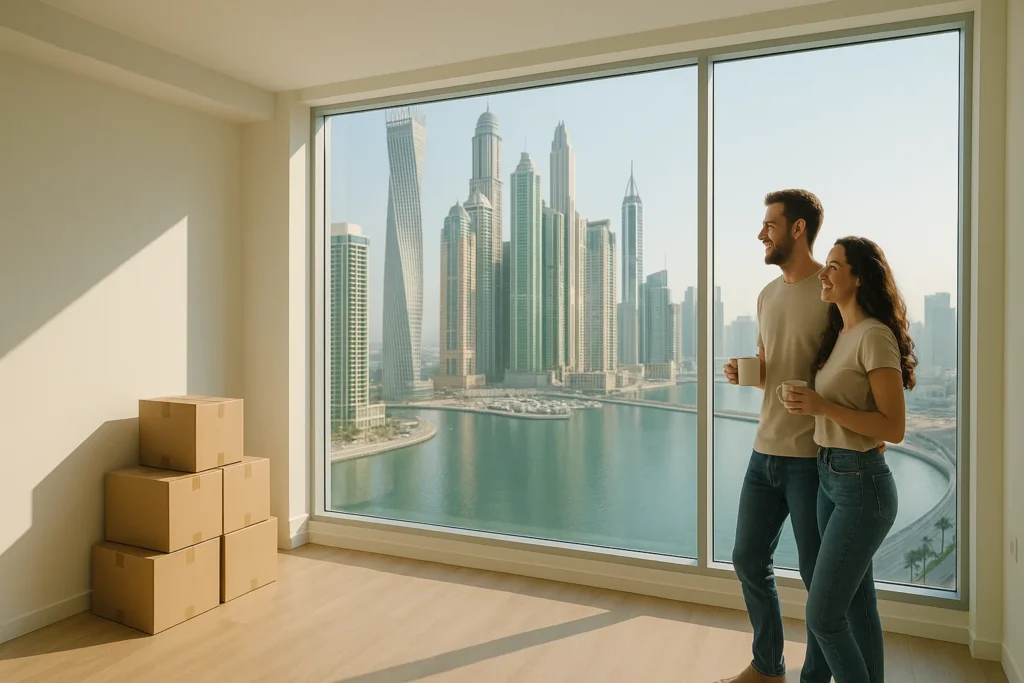 Una pareja de expatriados en su nuevo apartamento vacío en Dubai, planificando la organización de su mudanza internacional con vistas al skyline.