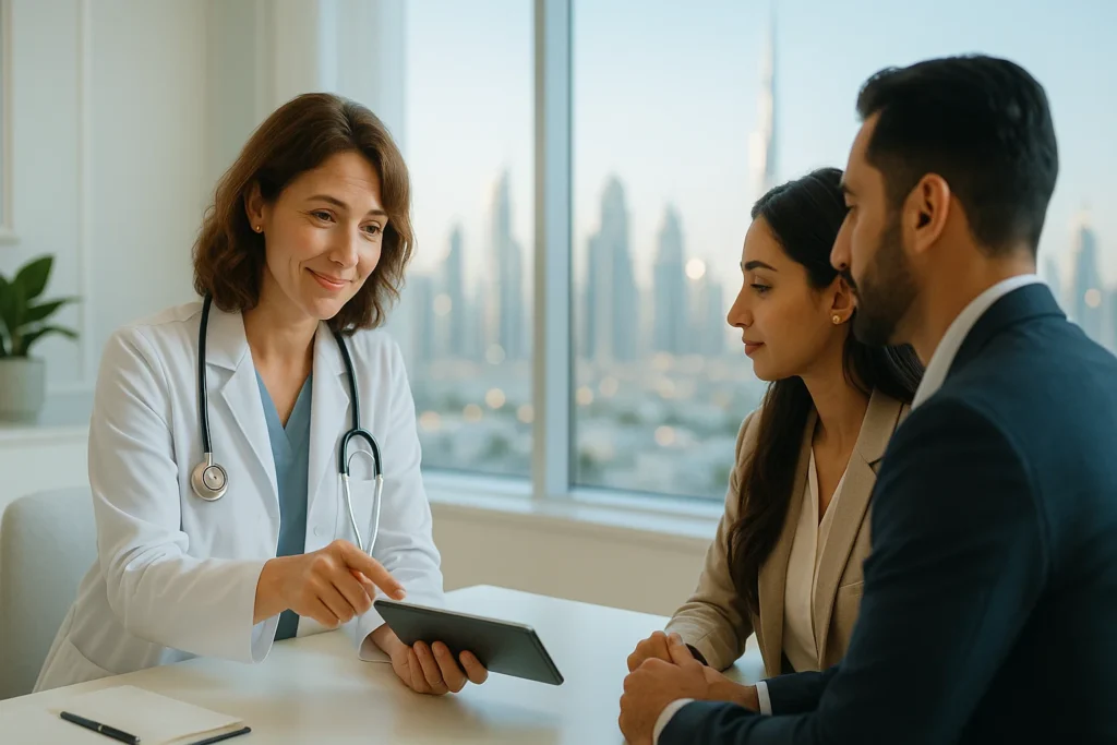 Una doctora en una clínica moderna de Dubai asesora a una pareja de expatriados sobre su seguro médico obligatorio y el sistema sanitario de alta calidad para residentes.