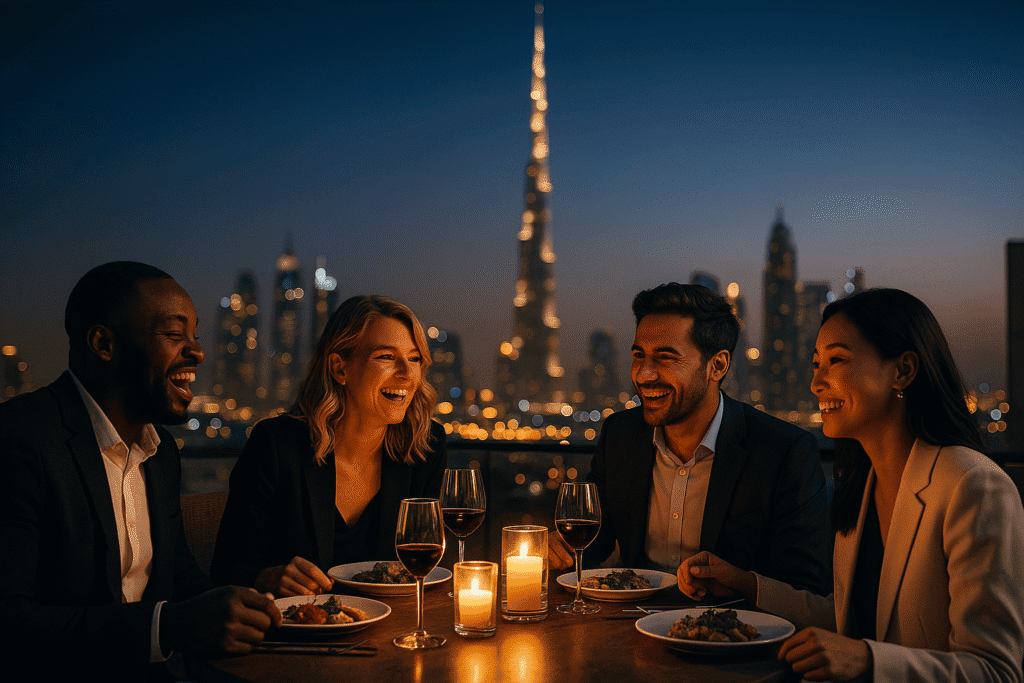 Un grupo multicultural de amigos disfrutando del ocio y la alta calidad de vida en una cena en una azotea, con el skyline iluminado de Dubai al fondo.