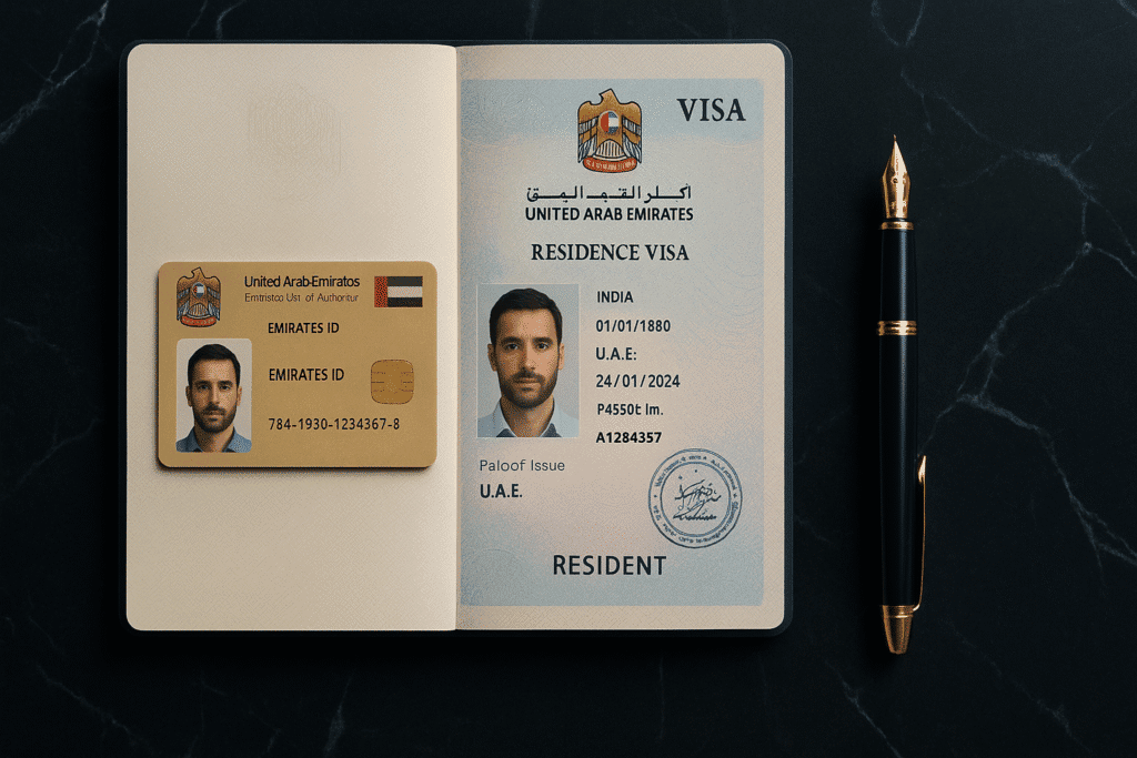 Primer plano de un Visado de Residencia de los EAU estampado en un pasaporte, junto a una tarjeta Emirates ID, simbolizando el éxito en el proceso para obtener la residencia en Dubai.