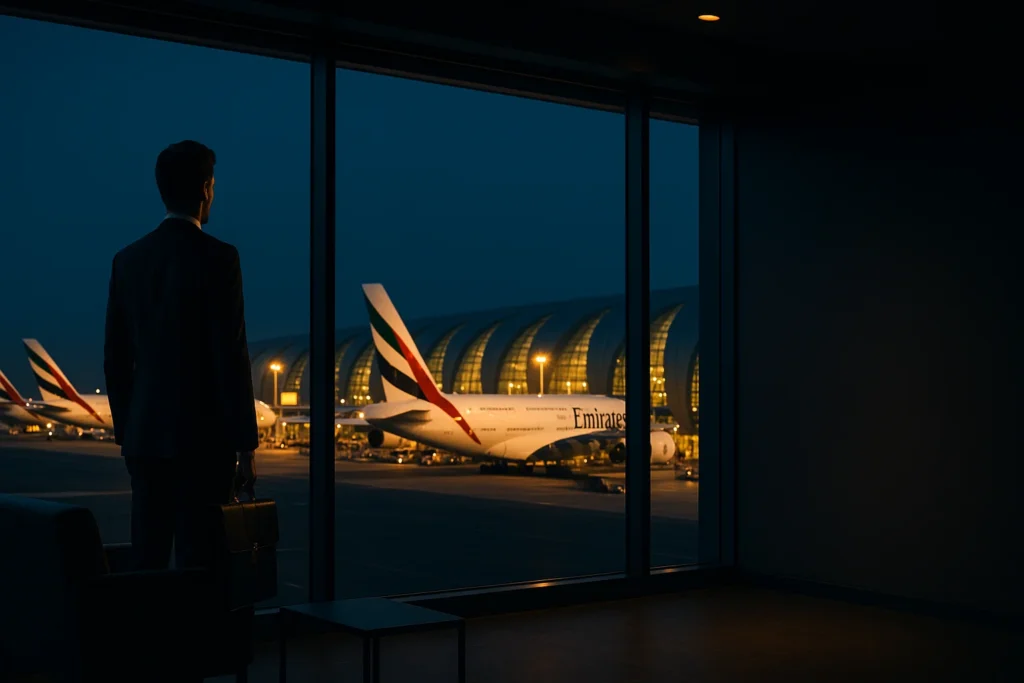 Un empresario expatriado observa los aviones en el Aeropuerto Internacional de Dubai (DXB), planificando sus conexiones globales y viajes de negocio desde el hub aéreo.