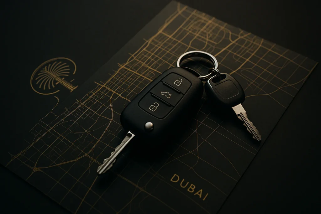 Unas llaves de coche de lujo sobre un mapa estilizado de las carreteras de Dubai, simbolizando la libertad y movilidad que se obtiene al homologar el carné de conducir para residentes.