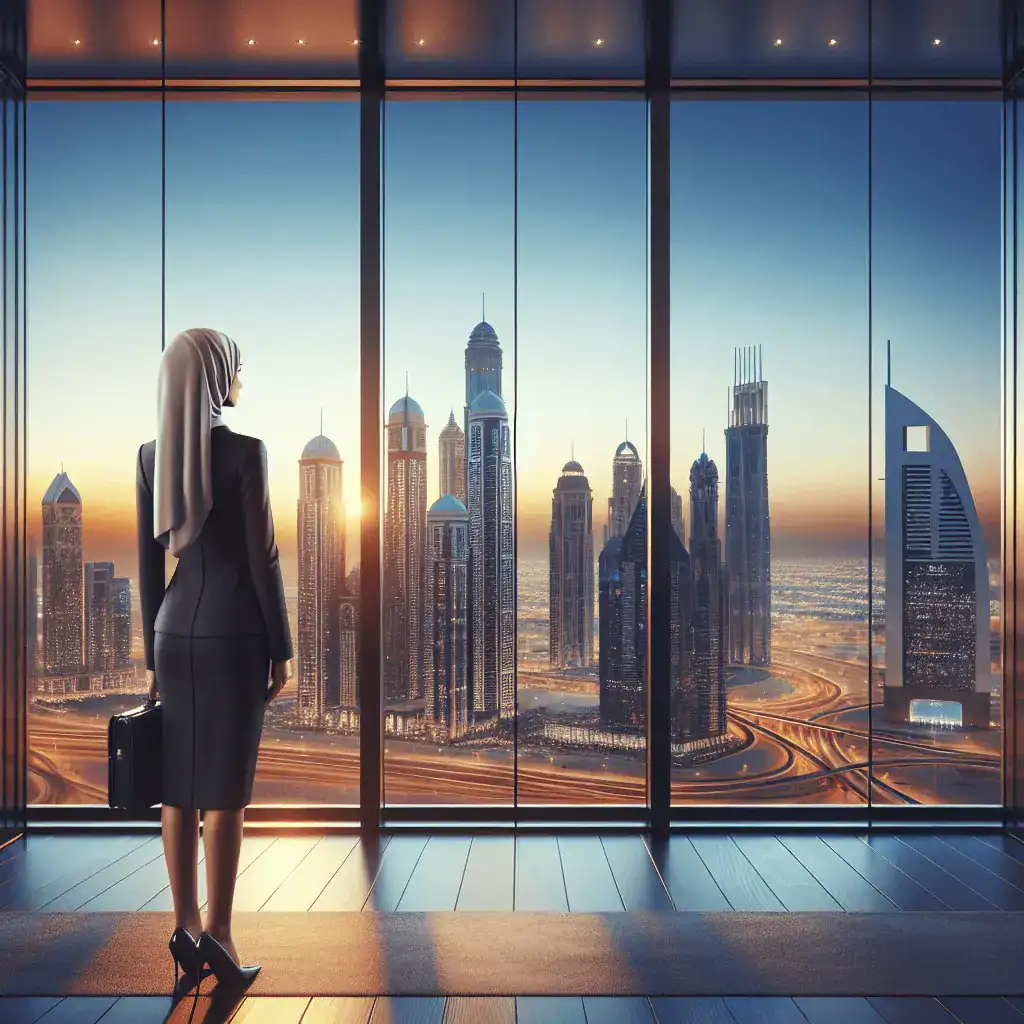 Vista panorámica de Dubái al atardecer desde una oficina de lujo. Una persona vestida profesionalmente mira el horizonte de la ciudad desde una ventana de suelo a techo.