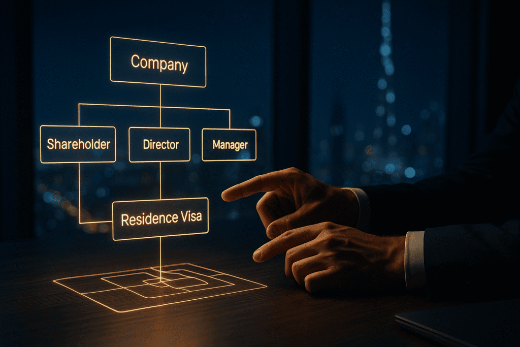 Visualización del proceso para crear una empresa en una Zona Franca de Dubai y obtener el visado de residencia, mostrando los documentos necesarios.