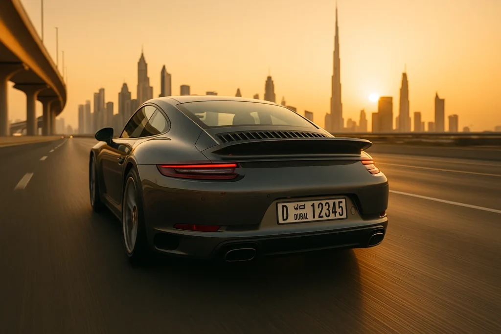 Un coche de alta gama con matrícula de Dubai circula por la autopista Sheikh Zayed Road, simbolizando el éxito del proceso de importación y registro para expatriados.