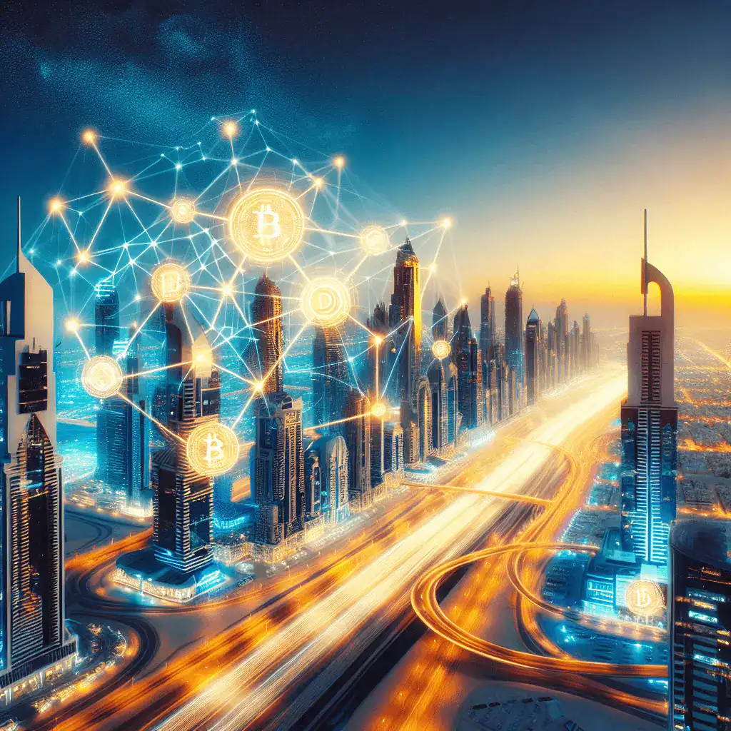 Imagen panorámica del horizonte de Dubái al atardecer, con una red dorada de blockchain y símbolos de criptomonedas integrados en la arquitectura futurista.