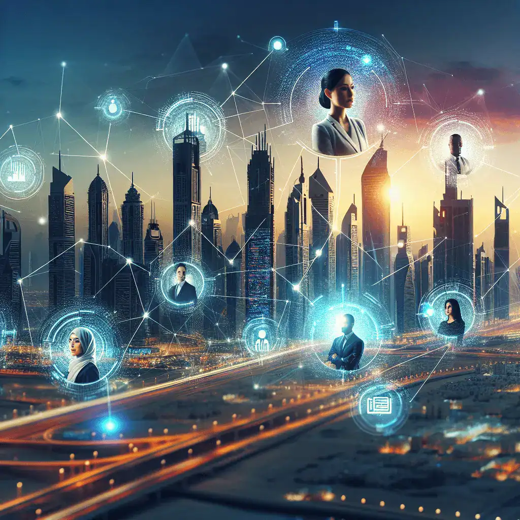 Ilustración profesional y futurista del skyline de Dubái al atardecer. Nodos económicos interconectados en azul y oro brillan mientras flujos de datos abstractos los unen. Profesionales de negocios de diversas nacionalidades observan el horizonte.