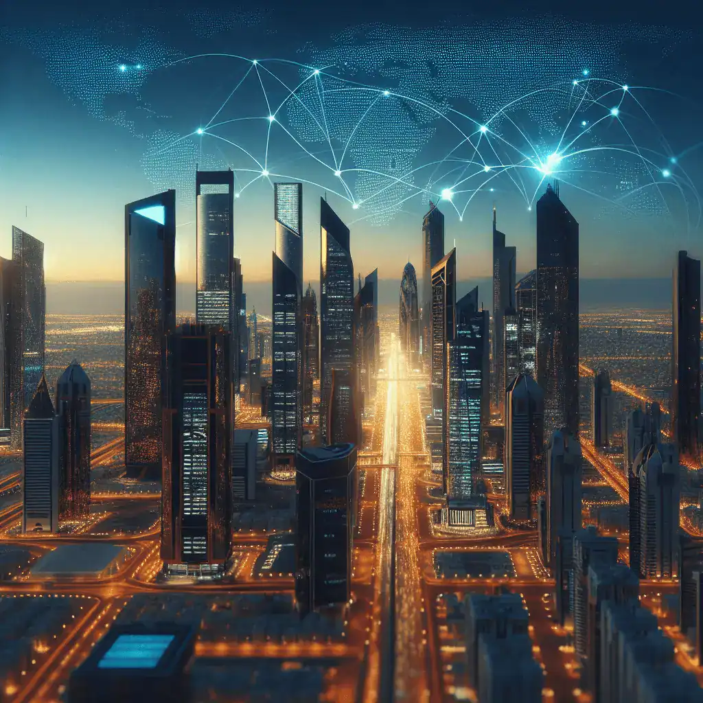 Fotografía panorámica ultra-realista del skyline del DIFC en Dubái al atardecer, con rascacielos iluminados, tonos azules y dorados, y un mapa mundial translúcido superpuesto con líneas de red convergiendo en Dubái.