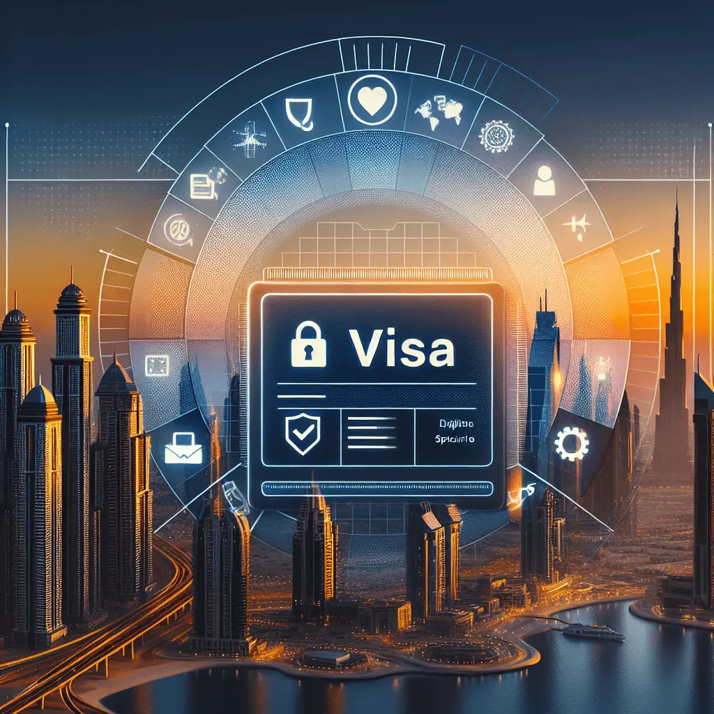Imagen panorámica estilizada de una interfaz digital para solicitudes de visado, superpuesta sobre el horizonte de Dubái al atardecer. La paleta de colores es azul oscuro y dorado, con un ícono de candado digital que simboliza seguridad.