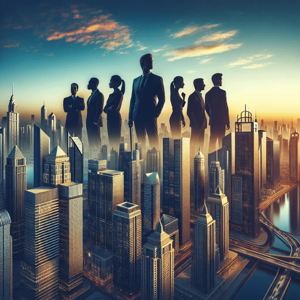 Vista panorámica del moderno skyline de Dubái al atardecer. En primer plano, siluetas de profesionales diversos mirando hacia los edificios icónicos. Paleta de colores en azules y dorados, estilo corporativo de lujo.
