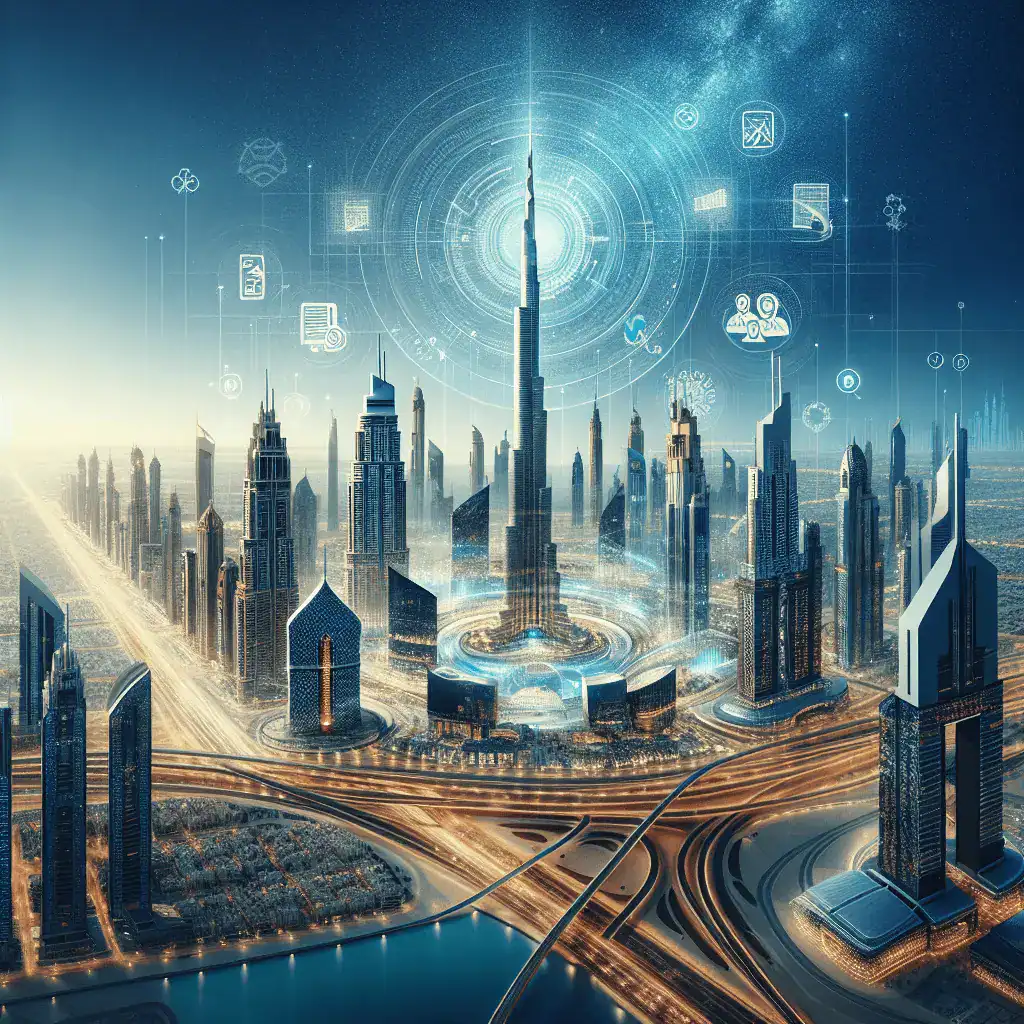 Imagen panorámica 16:9 de un horizonte futurista de Dubái con el Burj Khalifa, en un estilo profesional y moderno con acentos de color azul y dorado. Se superponen sutilmente iconos de pasaportes, simbolizando la Visa Dorada y la residencia a largo plazo.