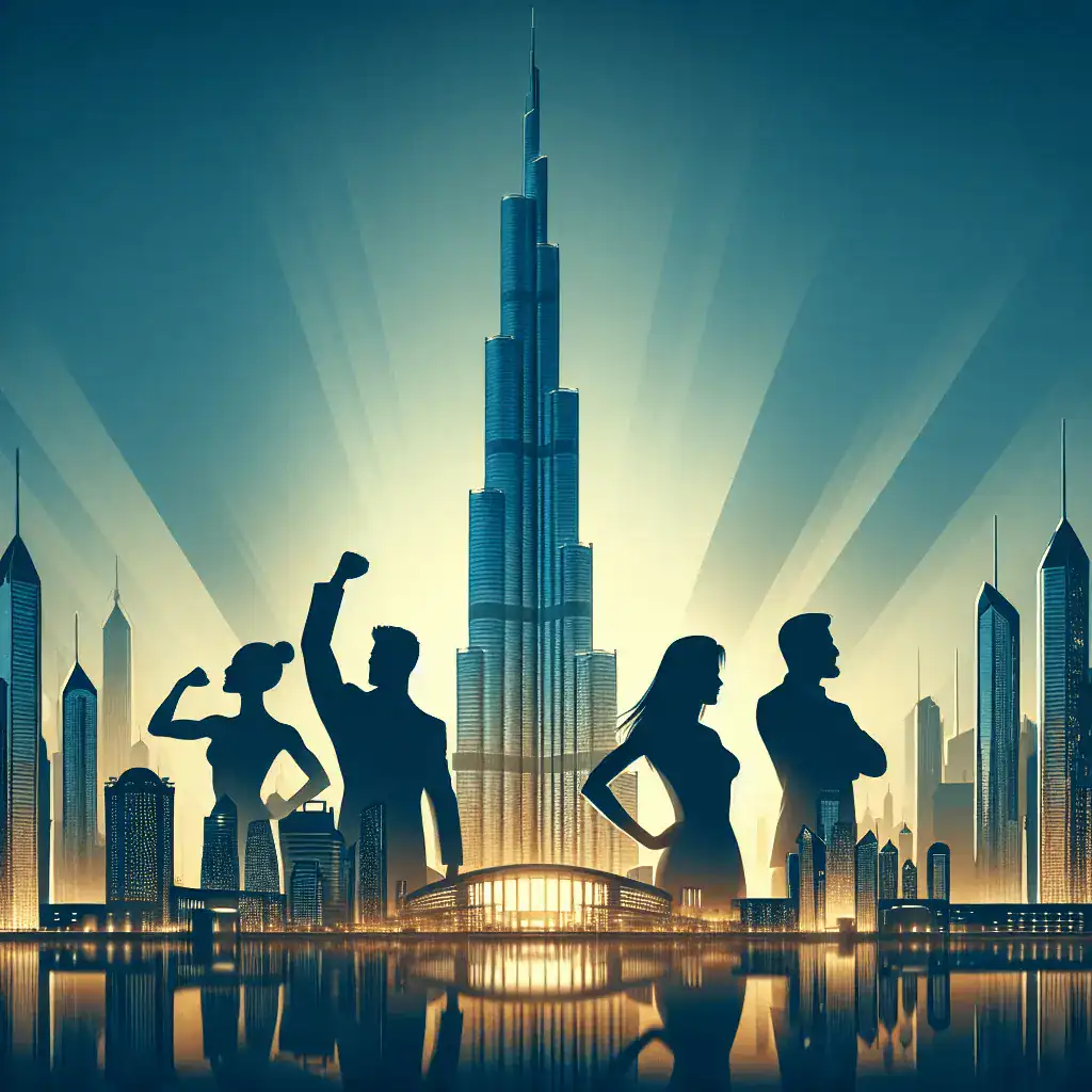 Paisaje urbano panorámico de Dubái en tonos azules y dorados, con el Burj Khalifa y siluetas de personas exitosas mirando hacia la ciudad al amanecer.