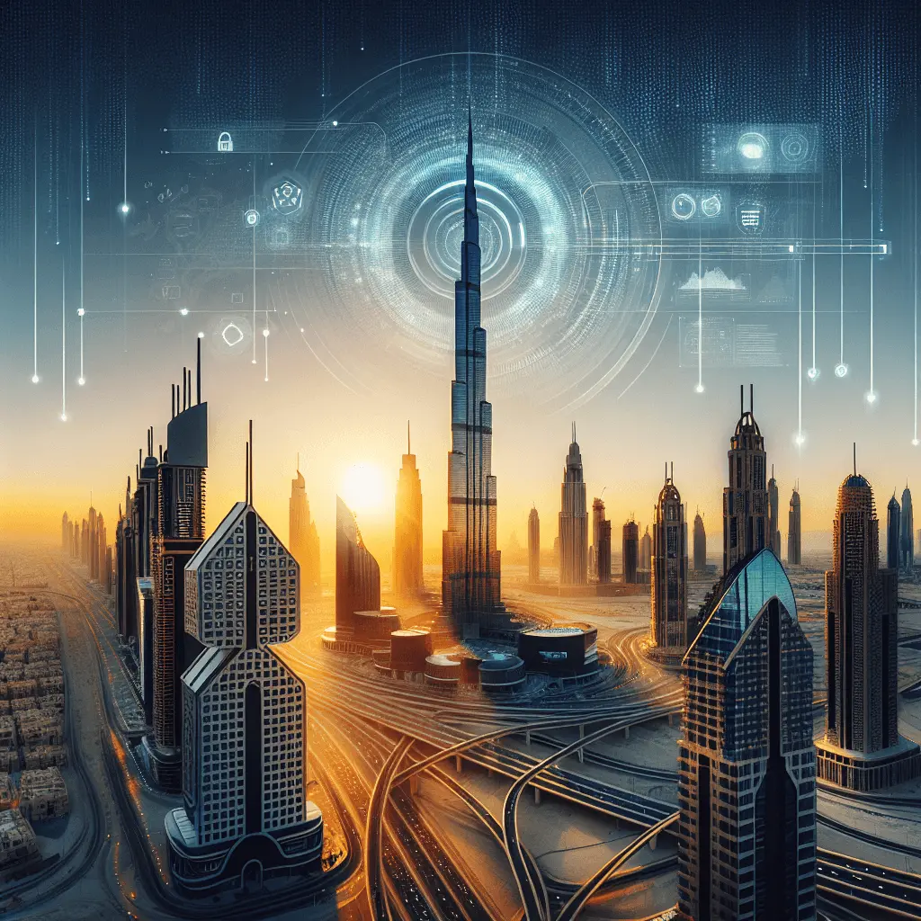Vista panorámica del moderno horizonte de Dubái al atardecer, con el Burj Khalifa destacando. Superpuesta hay una sutil visualización de datos de seguridad en tonos dorados y plateados, sobre un cielo despejado con luz cálida.