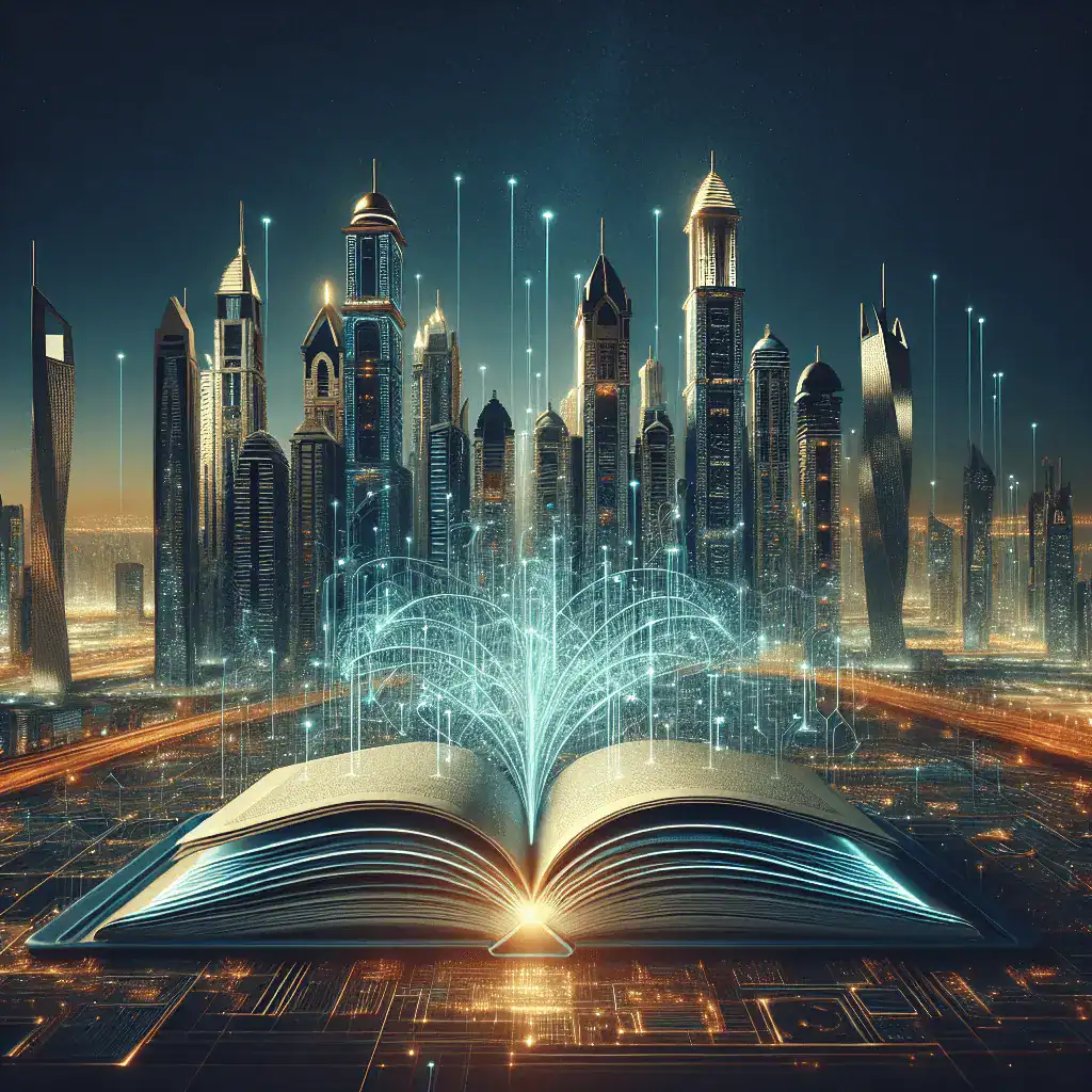 Una guía digital abierta con líneas de código luminosas en primer plano, frente a un horizonte futurista de Dubái al anochecer, con el Burj Khalifa y redes digitales conectando los edificios.