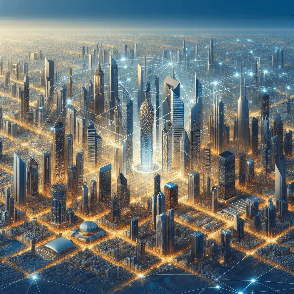 Ilustración digital panorámica de un horizonte futurista que combina rascacielos icónicos de ciudades del CCG como Dubái y Riad, conectados por una red digital luminosa en tonos dorados y azules.