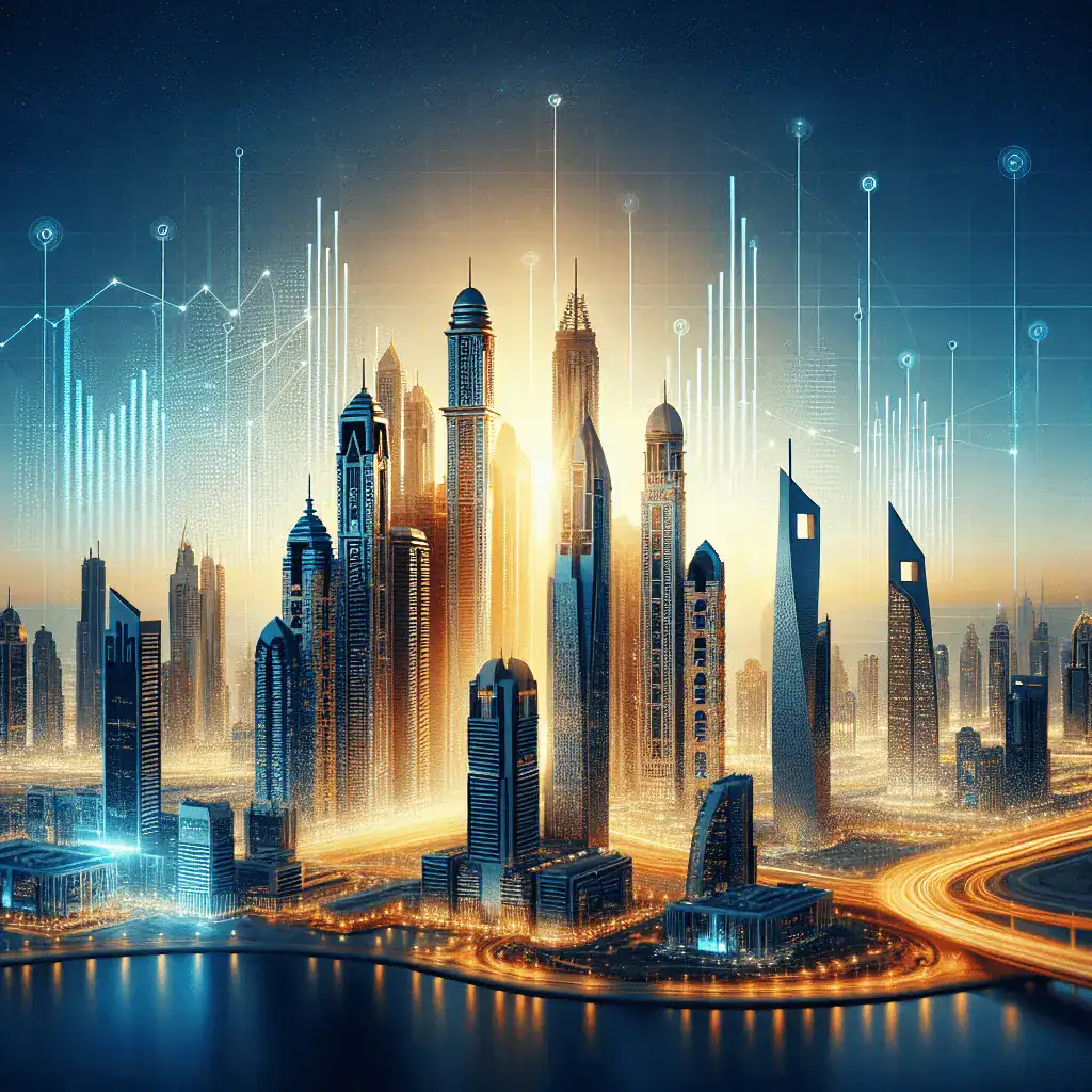 Imagen panorámica y profesional del skyline estilizado de Dubai al atardecer, con una luz dorada emanando de los edificios icónicos y representaciones abstractas de crecimiento financiero en primer plano.