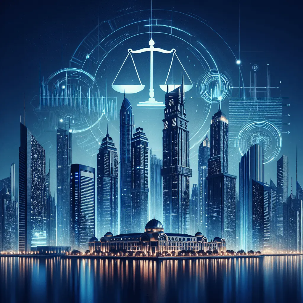 Imagen panorámica estilizada del skyline de Dubái con edificios icónicos. Una superposición sutil de una balanza de la justicia se integra en la escena. La paleta de colores es de azules profundos y acentos dorados, transmitiendo lujo y profesionalismo.