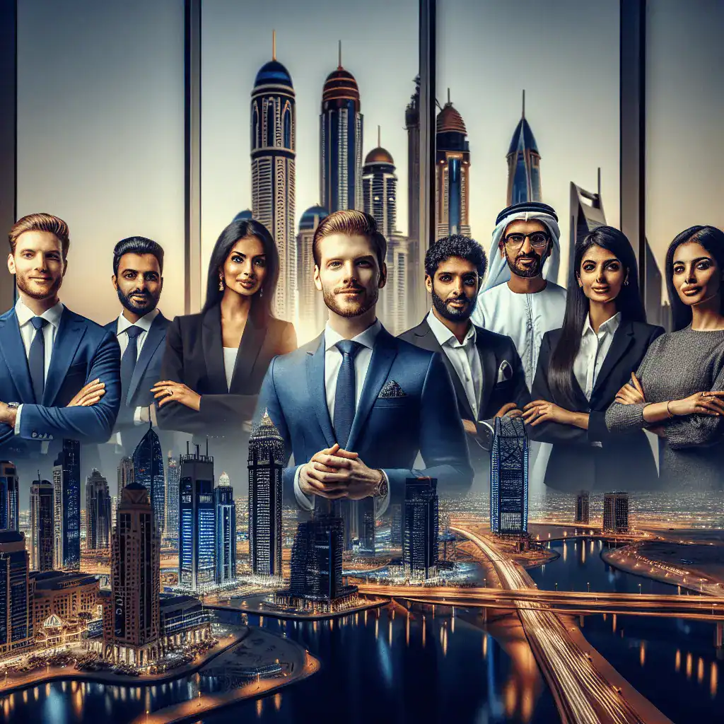 Panorámica de un grupo diverso de emprendedores internacionales en una oficina moderna en Dubái, con los rascacielos icónicos de la ciudad de fondo y una paleta de colores azul y dorado.