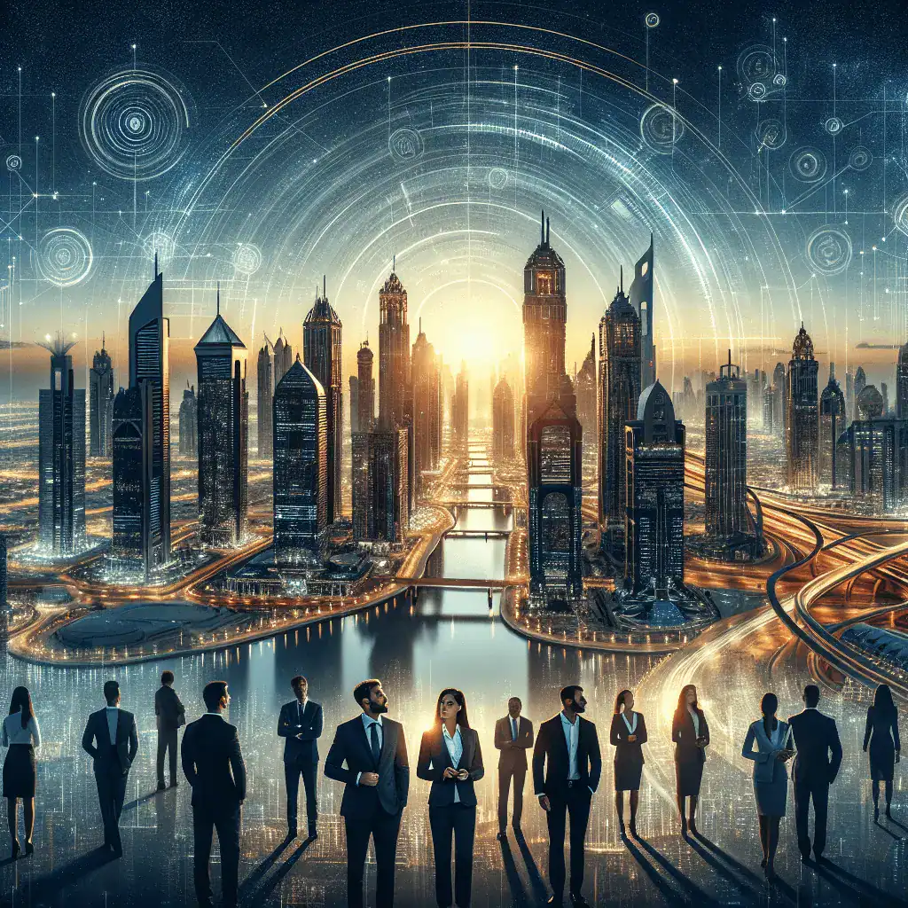 Panorámica de un skyline futurista de Dubái al anochecer, con empresarios internacionales mirando el horizonte que simboliza finanzas y éxito global.