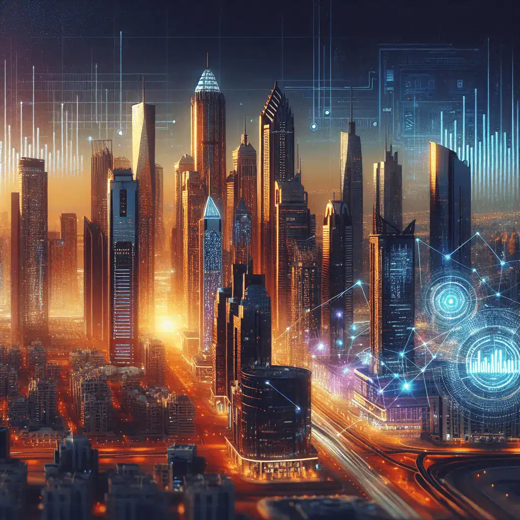 Paisaje urbano panorámico y de alta tecnología de Dubái con rascacielos iluminados en tonos dorados y azules, con gráficos financieros brillantes en primer plano que simbolizan el crecimiento económico.