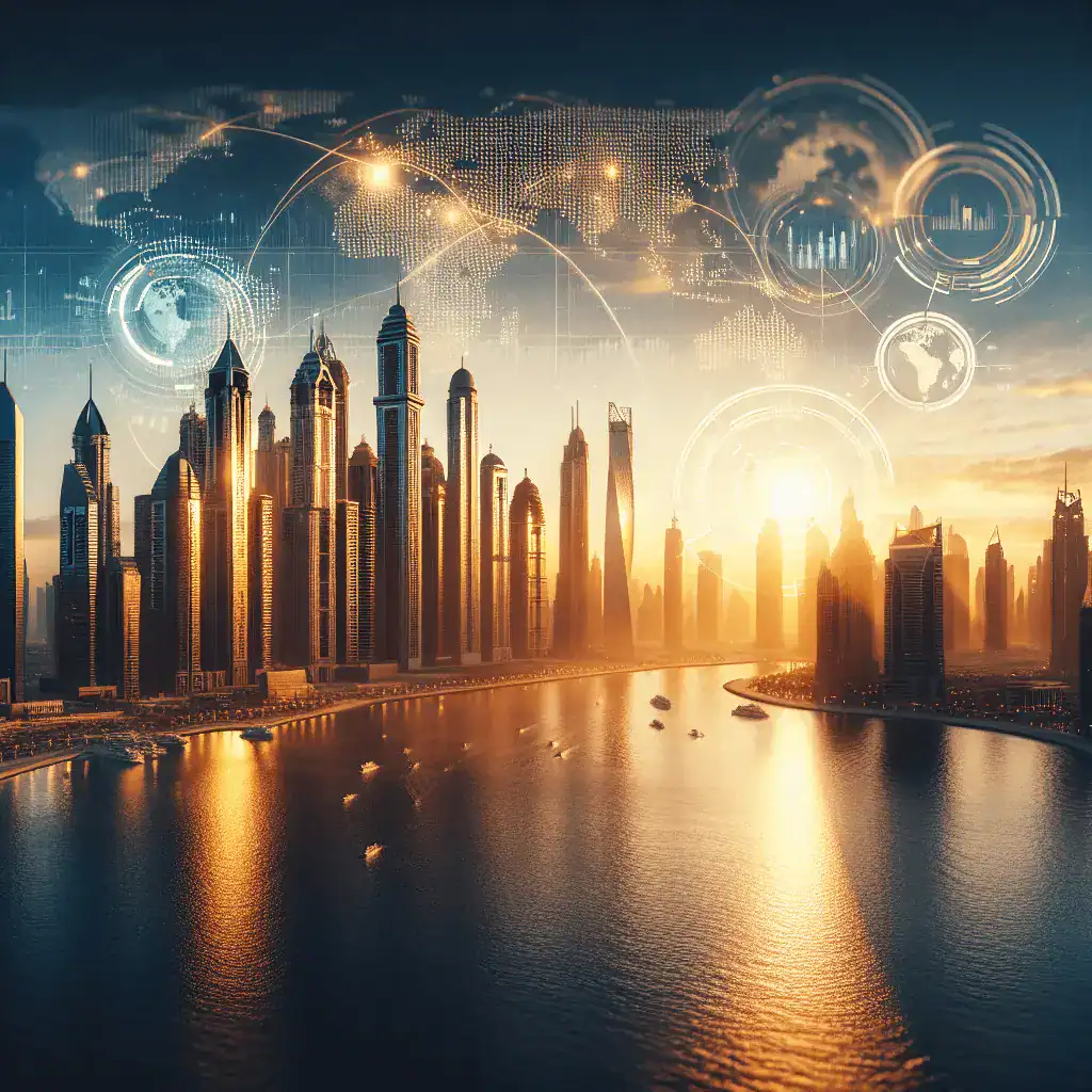 Imagen panorámica del icónico skyline de Dubái al atardecer, con rascacielos modernos reflejando una luz dorada sobre el mar resplandeciente y elementos de finanzas globales en primer plano.