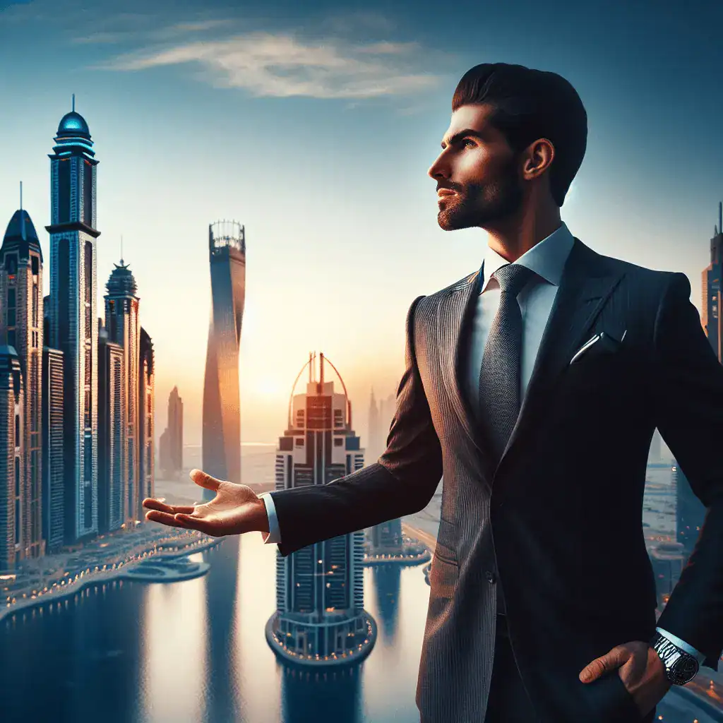 Un empresario con traje de negocios gesticula hacia el horizonte futurista y moderno de Dubái durante un atardecer con tonos dorados y azules.