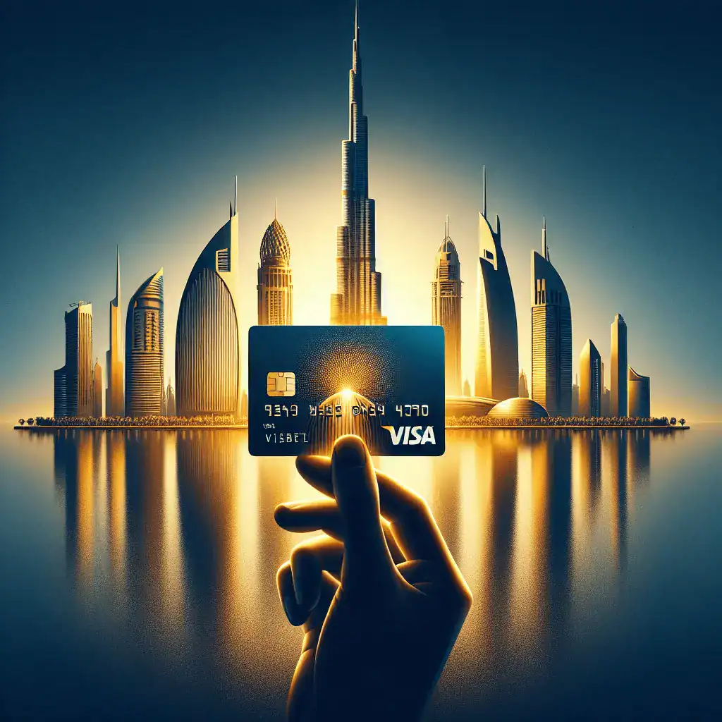 Ilustración digital panorámica de estilo moderno. Una mano en silueta sostiene una tarjeta de visa dorada brillante. Al fondo, el horizonte de Dubái con el Burj Khalifa y el Museo del Futuro durante un amanecer, con el cielo en tonos azules y dorados reflejándose en el agua.