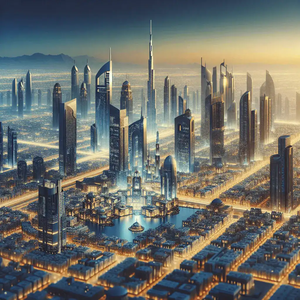 Imagen panorámica del horizonte futurista de Dubái, con el Burj Khalifa y otros rascacielos icónicos, bajo una paleta de colores azul y dorado que simboliza riqueza y modernidad.