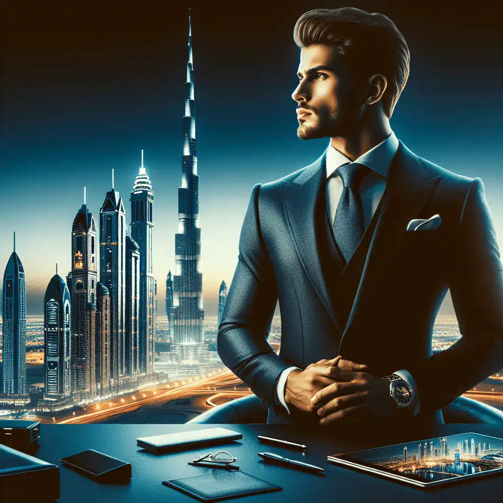 Un profesional sofisticado de espaldas, vistiendo un traje a medida, contempla el horizonte futurista de Dubái con el Burj Khalifa. La escena en tonos azules y dorados evoca éxito y estrategia.
