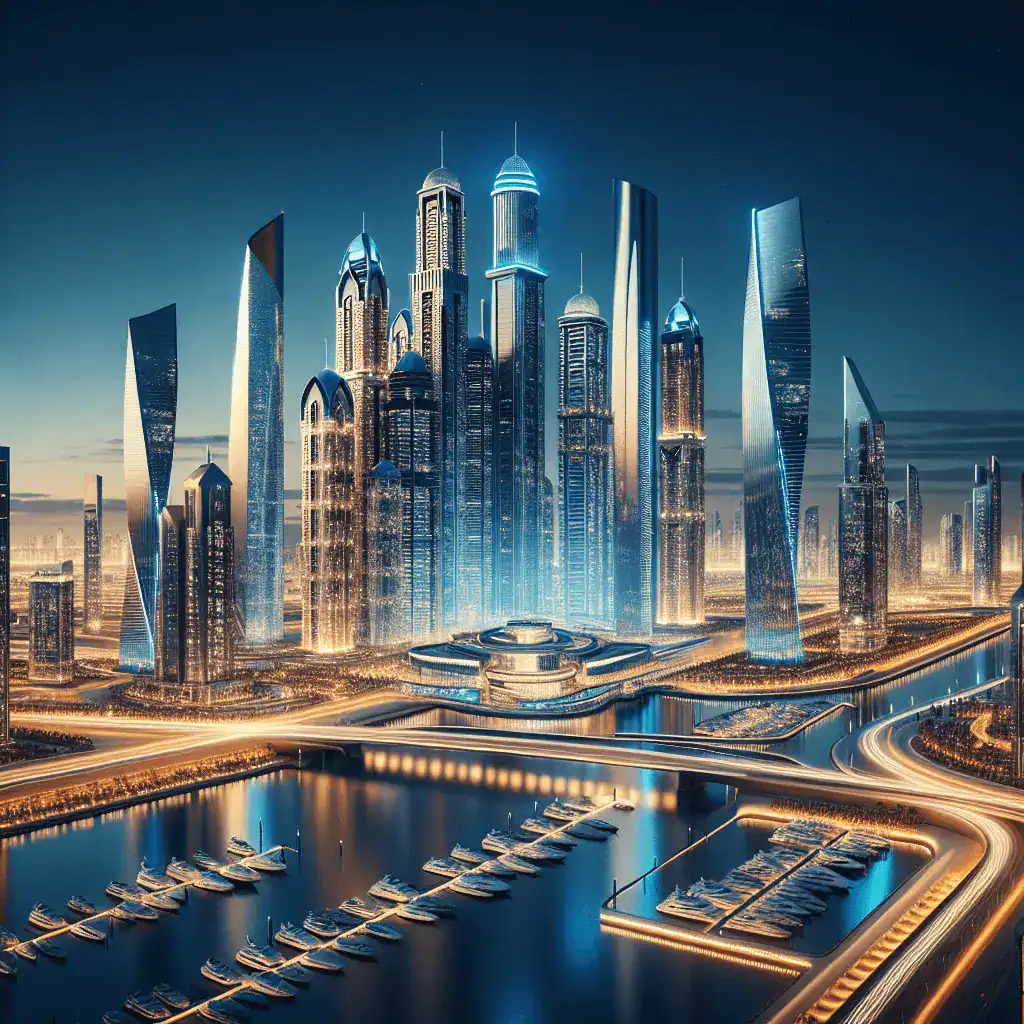 Arte conceptual hiperrealista de un horizonte urbano futurista al anochecer, con rascacielos brillantes, puentes aéreos iluminados y un lujoso puerto deportivo en primer plano.