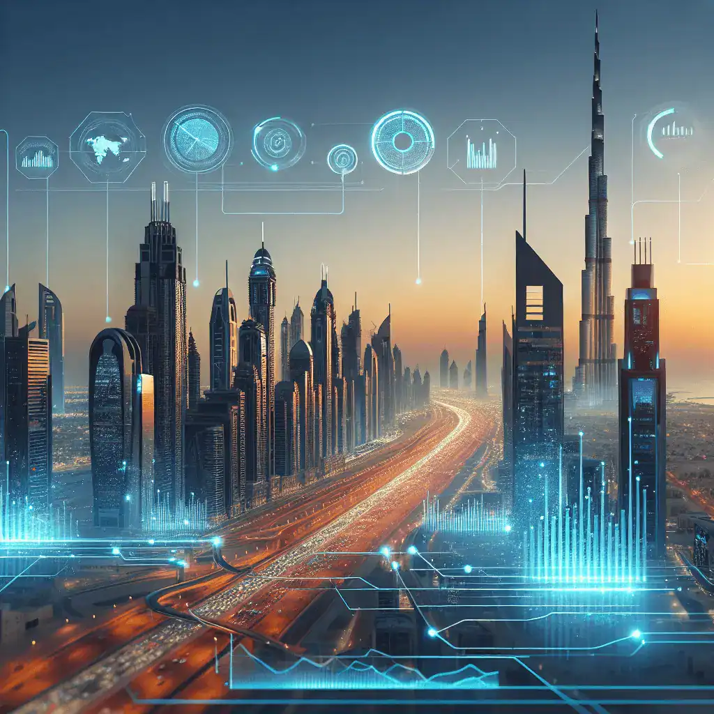 Imagen panorámica del moderno horizonte de Dubái al atardecer, con el Burj Khalifa y gráficos holográficos brillantes en azul y dorado que simbolizan el crecimiento económico.