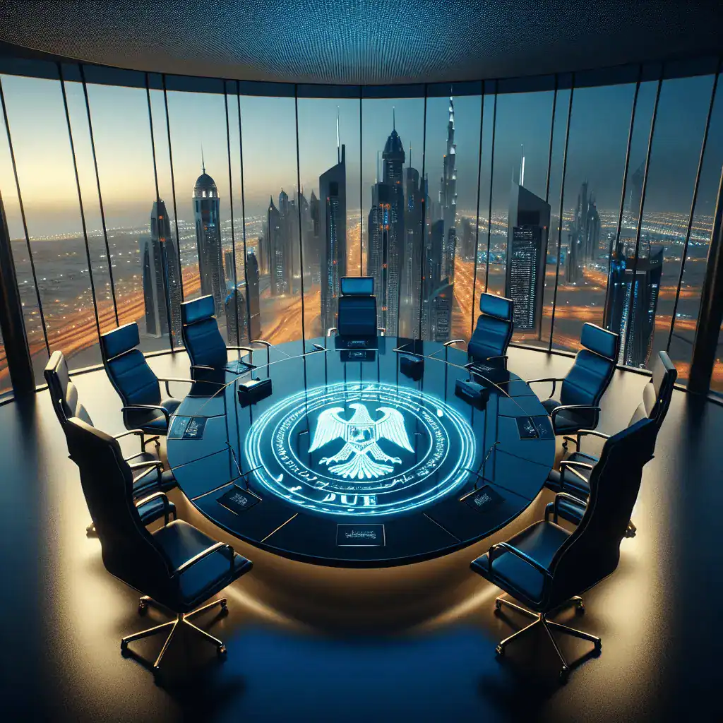 Toma panorámica de una moderna sala de juntas en un rascacielos de Dubái al atardecer. Una mesa de cristal holográfica muestra un documento legal brillante con el emblema del halcón de los EAU. La vista muestra el horizonte de la ciudad. Los colores dominantes son el azul marino y el dorado.