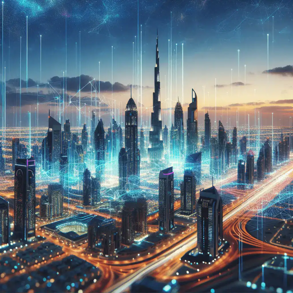 Toma panorámica cinematográfica del horizonte futurista de Dubái al atardecer, con líneas abstractas y brillantes de datos en azul y dorado en primer plano.