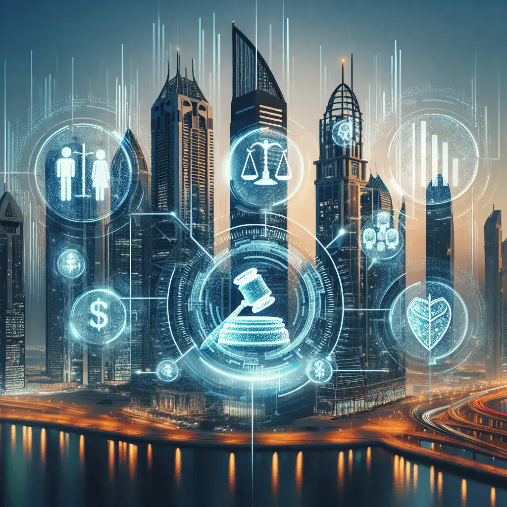 Imagen panorámica del horizonte futurista de Dubai al anochecer, con interfaces holográficas en primer plano mostrando iconos de derecho, finanzas, familia y sostenibilidad.
