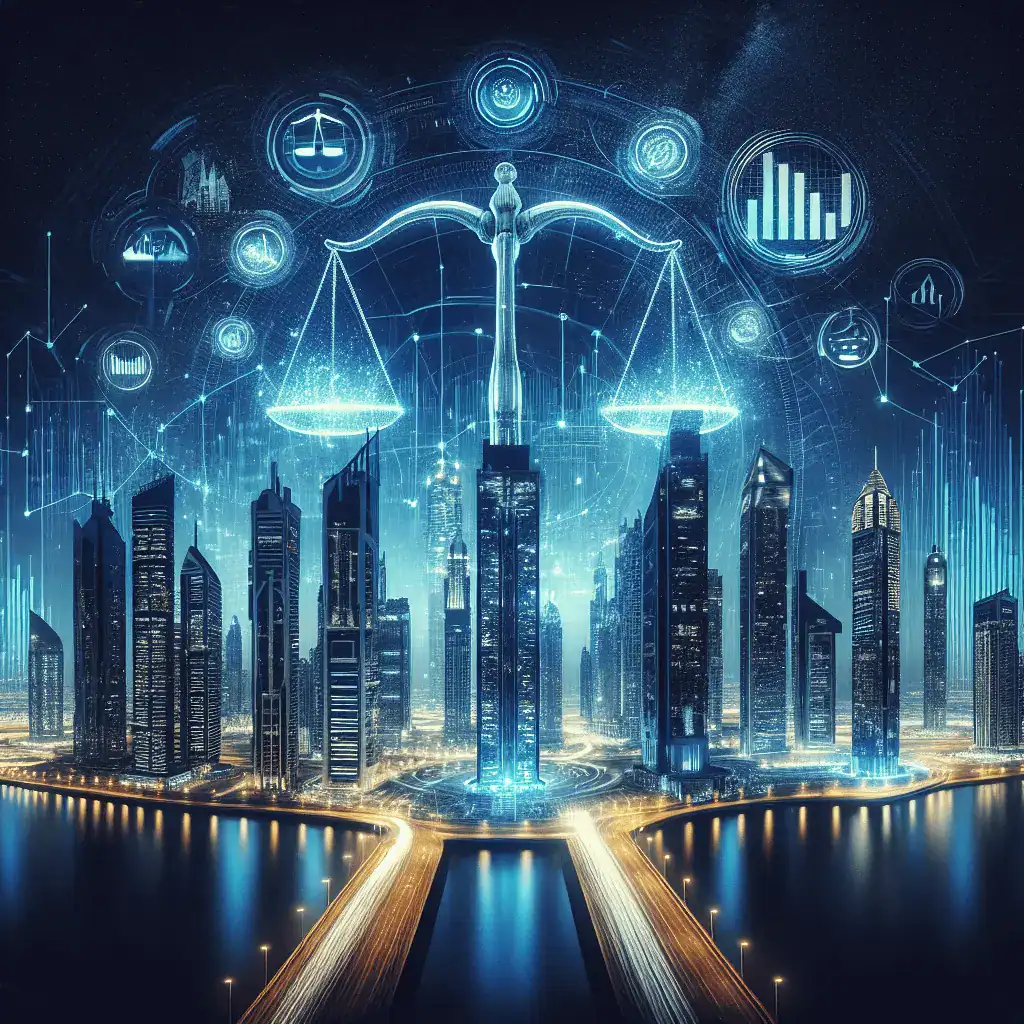 Imagen panorámica 16:9 del horizonte futurista de Dubái de noche, con una balanza de la justicia y gráficos de negocios holográficos en primer plano. La escena está iluminada en tonos azules profundos y dorados.