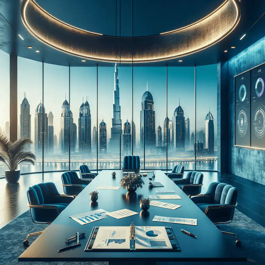 Sala de reuniones moderna con vistas al skyline de Dubái, con documentos sobre la 'Ley Fiscal de EAU 2026' en la mesa.