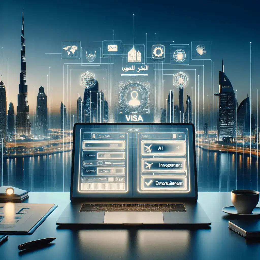 Escritorio moderno con un portátil mostrando una solicitud de visado para Dubái. De fondo, el skyline de Dubái al atardecer, con el Burj Khalifa visible.