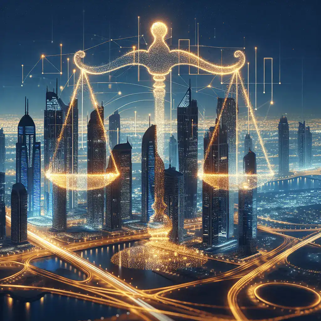 Toma panorámica cinematográfica del horizonte de Dubái al anochecer, con líneas de datos doradas y símbolos legales brillantes superpuestos sobre la ciudad. La paleta de colores es de azules profundos y dorados.