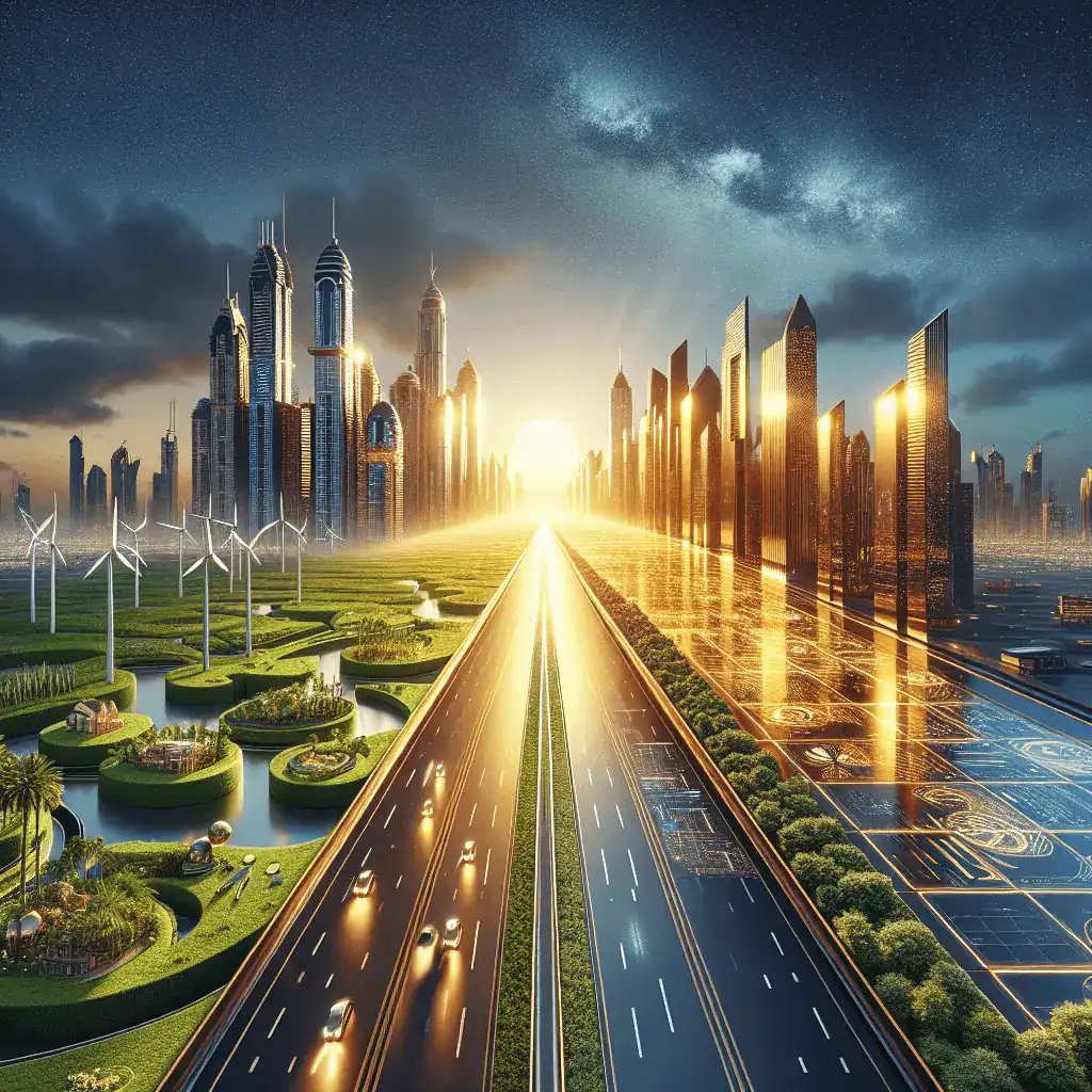 Imagen fotorrealista de dos caminos que convergen hacia el horizonte futurista de Dubái al amanecer. El camino izquierdo es verde, representando la Visa Azul de sostenibilidad, y el derecho es dorado, simbolizando la Visa Dorada de inversión.
