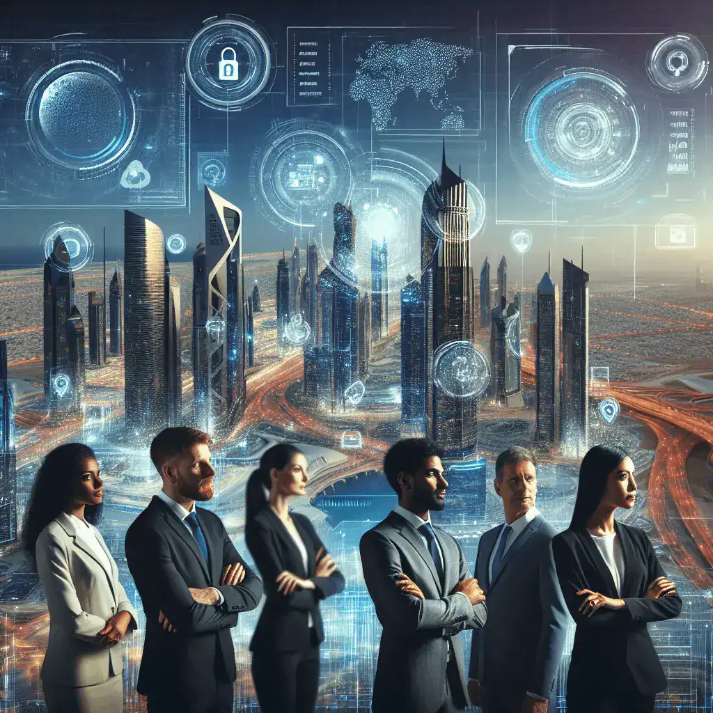 Toma panorámica del horizonte futurista de Dubái con interfaces holográficas en el aire. Un grupo diverso de profesionales de negocios observa la escena con confianza, con una paleta de colores azul y dorado.