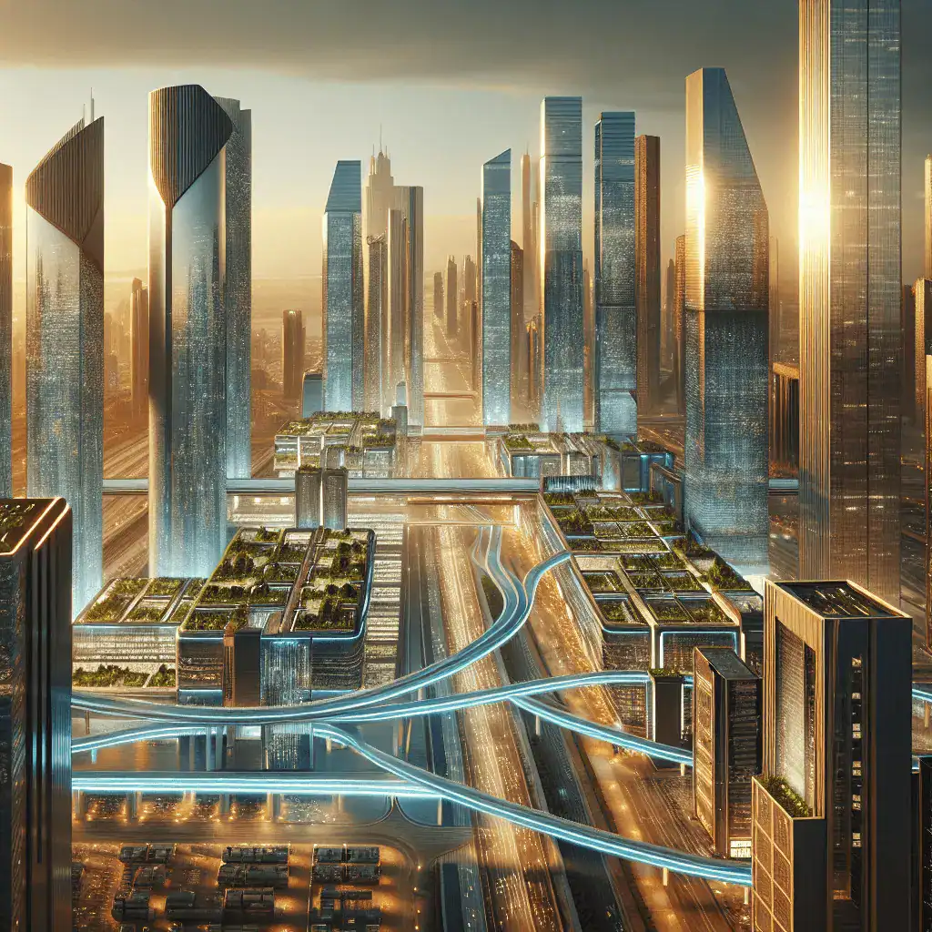 Visualización arquitectónica futurista del Distrito Zabeel DIFC en Dubái durante la hora dorada, con rascacielos de cristal elegantes, jardines colgantes y un puente conector, bajo una atmósfera corporativa de lujo.