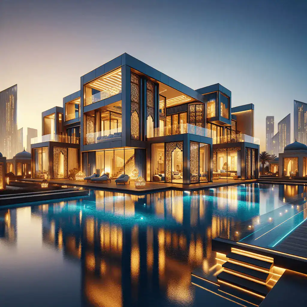Fotografía panorámica de una villa moderna y lujosa con piscina infinita al atardecer, con el horizonte de Dubái y el Burj Khalifa de fondo.