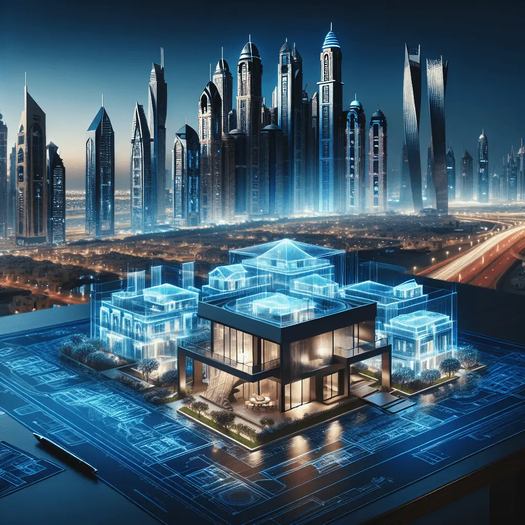 El horizonte de Dubái al atardecer con sus rascacielos iluminados. En primer plano, sobre una mesa, se proyecta un holograma brillante de los planos de una villa de lujo. Los colores predominantes son el azul oscuro y el dorado.