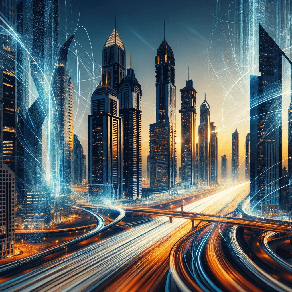 Toma panorámica del horizonte futurista de Dubái al atardecer, con rascacielos iluminados y líneas abstractas doradas que simbolizan el crecimiento empresarial y los marcos legales.
